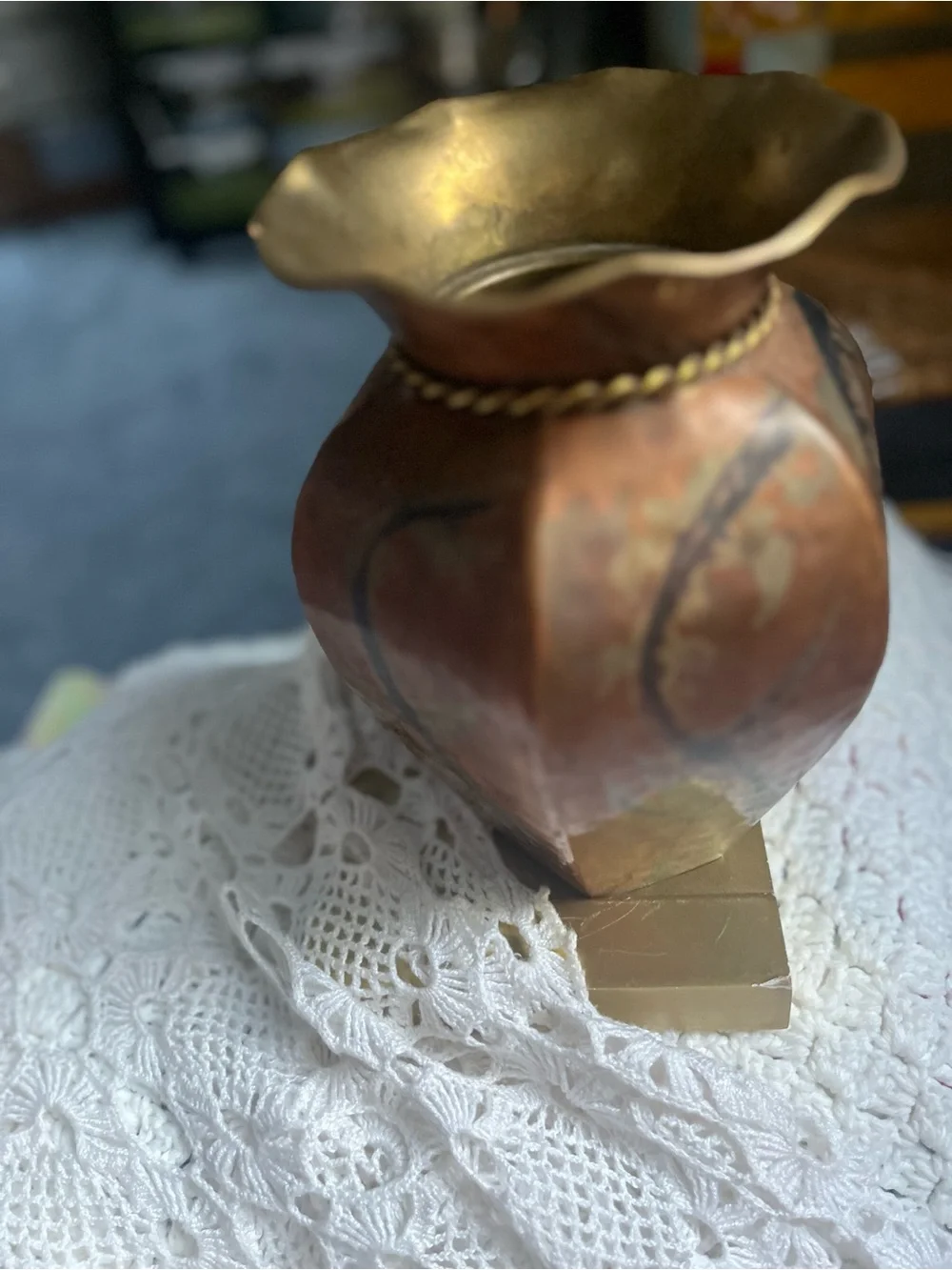 Vintage Brass Copper Decorative Vase with Brasd Rope Accent